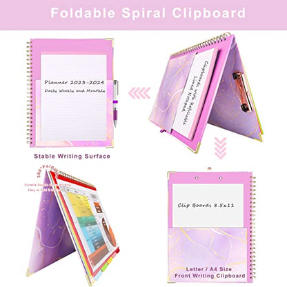 Spiral Clipboard Folio with Refillable Notepad, Cute Clipboard Folder, 5 Dividers with Storage 10 Pockets,Versatile Clipfolio,Hardcover Clipboards Notebook for School Office Planner Clip Board-Purple - color: Purple