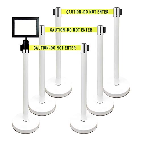 Retractable Stanchion, 6 SPECIALTY Posts + Signframe, 36" Ht, 78" Special Event & Holiday Theme Belt + Bonus Replacement Cassettes + Wall Receiver (WHT Post/Caution Belt) - color: Wht Post/Caution Belt