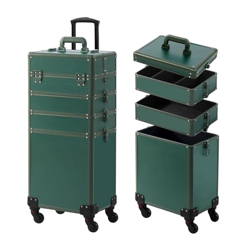 Somduy Makeup Train Case, Rolling Makeup Case with Lid, 5 in 1 Cosmetology Case on Wheels, Christmas Gift, Large Makeup Case Organizers, Profesional Cosmetic Case for Salon Barber, Green - color: Green