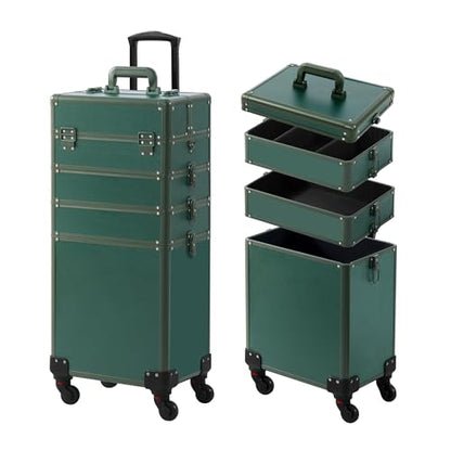 Somduy Makeup Train Case, Rolling Makeup Case with Lid, 5 in 1 Cosmetology Case on Wheels, Christmas Gift, Large Makeup Case Organizers, Profesional Cosmetic Case for Salon Barber, Green - color: Green