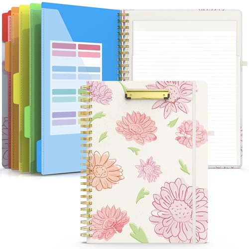 Sooez Spiral Clipboard Folio, Clipboards with Storage, Refillable Notepad | Clipboard Folder with 10 Storage Pockets for Letter Size, Spiral Clipboard Notebook, Cute Portfolio for School Office Nursing - color: Daisy - Pink