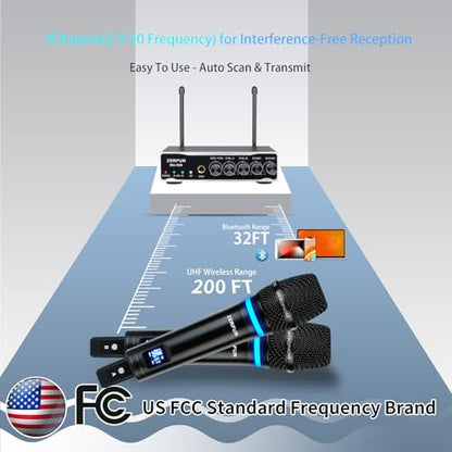 2 Channel Rechargeable Wireless Microphone System, Pro UHF Metal Handheld Wireless Microphones Cordless Mics with Echo Bluetooth VOL Channel Control for Karaoke Singing Church(MU-898)