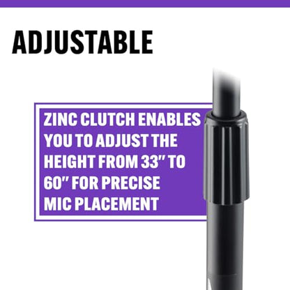 On-Stage MS7201B Round-Base Mic Stand (Supports Dynamic and Condenser Microphones, Height Adjustable 33"–60", Standard 5/8"-27 Threading, 7 lb, 10" Metal Base, Rubber Feet, Cable-Management Clip) | 7 lb weighted base with die-cast zinc clutch and 5/8-27 t