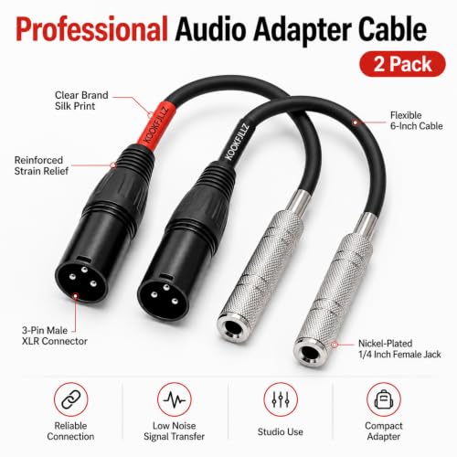 XLR Male to 1/4 Inch TRS Female Patch Cable 6 Inch 2-Pack | Balanced XLR to Quarter Inch Adapter | 20AWG OFC | Studio Mixer Audio Interface Microphone Guitar Amp PA System