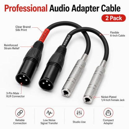 XLR Male to 1/4 Inch TRS Female Patch Cable 6 Inch 2-Pack | Balanced XLR to Quarter Inch Adapter | 20AWG OFC | Studio Mixer Audio Interface Microphone Guitar Amp PA System