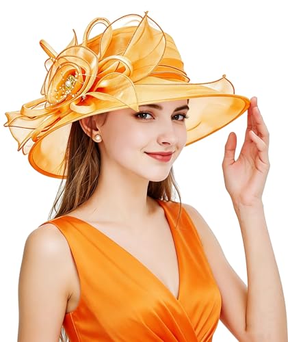 Women Derby Fascinator Hat Organza Church Wedding Hats Wide Brim Cocktail Tea Party Hat - color: 08 Orange