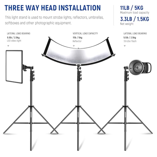 NEEWER 9.8ft/3m Air Cushioned Light Stand, Heavy Duty Metal Photography Tripod Stand with 1/4" to 3/8" Reversible Spigot, 3 Way Mounting Interface & Metal Locking Knobs, Max Load 5.5lb/2.5kg (Black) | Photography Tripod Stand, 1/4" to 3/8" Reversible Spig