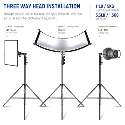 NEEWER 9.8ft/3m Air Cushioned Light Stand, Heavy Duty Metal Photography Tripod Stand with 1/4" to 3/8" Reversible Spigot, 3 Way Mounting Interface & Metal Locking Knobs, Max Load 5.5lb/2.5kg (Black) | Photography Tripod Stand, 1/4" to 3/8" Reversible Spig