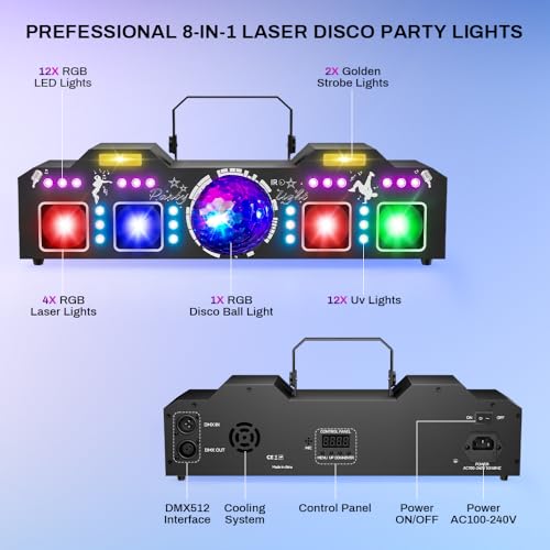 DJ Lights for Parties, Pro 8 in 1 DMX512 Laser Light Show with Disco Ball Light, RGB and Gold Strobe,UV Black Lights-Sound Activated LED Lighting for Home, Karaoke, Clubs, Gigs, and DJ Lighting