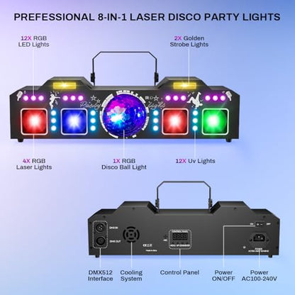 DJ Lights for Parties, Pro 8 in 1 DMX512 Laser Light Show with Disco Ball Light, RGB and Gold Strobe,UV Black Lights-Sound Activated LED Lighting for Home, Karaoke, Clubs, Gigs, and DJ Lighting