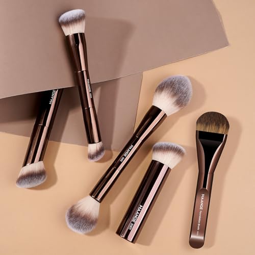 MAANGE 5 PCS Foundation Makeup Brush Set Double-ended Kabuki Mask Contour Brush for Liquid Powder Concealer Cream Cosmetics Blending Makeup Brushes (Coffee) - color: Coffee - 5Pcs