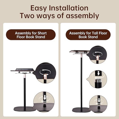 2-in-1 Floor & Desktop Book Stand, Adjustable Reading Music Podium | Portable Dual-Use 19"-62.2" Music Sheet Display, Laptop, Cookbook, Projector Stand Holder, 360° Rotate, Page Clip, Wood