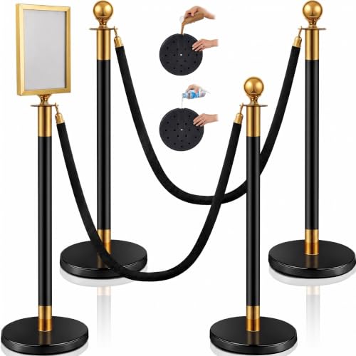 Velvet Ropes and Posts, 4 Stainless Steel Stanchions, Sign Holder, Black | 2x5 ft Velvet Ropes, Fillable Bases, Sign Holder, Crowd Control Barriers for Red Carpet Events, Hotel, Theater, Weddings - color: Black Gold