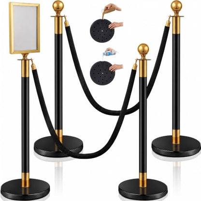Velvet Ropes and Posts, 4 Stainless Steel Stanchions, Sign Holder, Black | 2x5 ft Velvet Ropes, Fillable Bases, Sign Holder, Crowd Control Barriers for Red Carpet Events, Hotel, Theater, Weddings - color: Black Gold