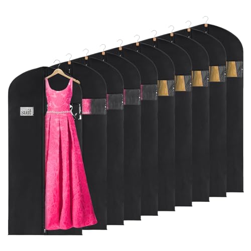 KEEGH 60 inch Dress Bags for Gowns Long (Set of 10) Black | Clear Window, Label Pocket, Garment Bags for Hanging Clothes, Dress Bags for Closet Storage, Clothes Cover for Coats Dresses - size: 60"-10pcs