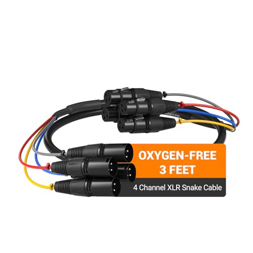 Phenyx Pro 4-Channel 3 ft XLR Microphone Snake Cable PCBL-4IN1-3-V2 | 4-in-1 Color-Coded Design, 3-Pin Male-to-Female XLR, 24 AWG OFC Copper, Mixers, IEM, Mic Systems - size: 3 Feet