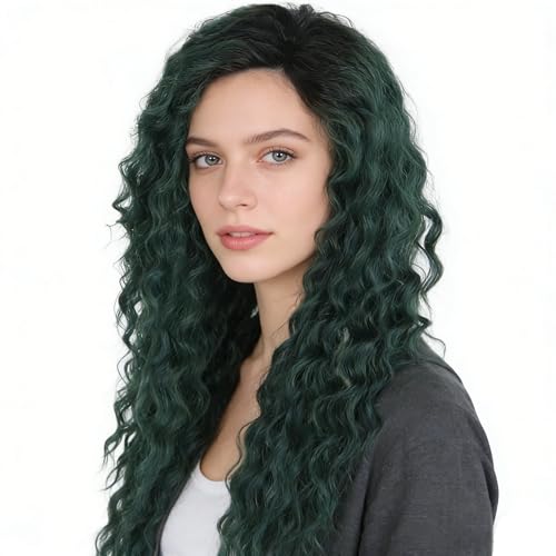 Long Curly Wigs for Women Deep Emerald Green Ombre Wig with Fluffy Hairline - color: Ombre Green