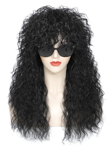 Adequate Women’s 80s Rocker Mullet Wig Halloween Costume Wig Long Curly Black Party Funny Wig (Black) - color: W-Black