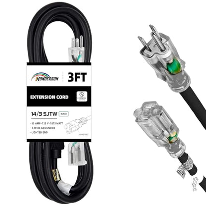 3 Ft Black Outdoor Extension Cord Lighted End Weatherproof 14 Gauge | UL Certified 14/3 SJTW Cable, 15A Rated, Designed for Lights, Lawn Tools and Outdoor Applications - size: 3FT, style: 14/3