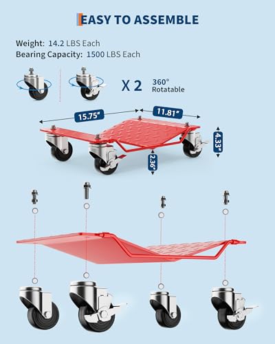 Wheel Dolly Set of 4, 6000LBS Capacity Heavy Duty Car Dollies Red | with 360° Rotational Wheel for Moving Cars, Trucks, Trailers, Motorcycles, and Boats - size: 6000LBS - 4 PCS