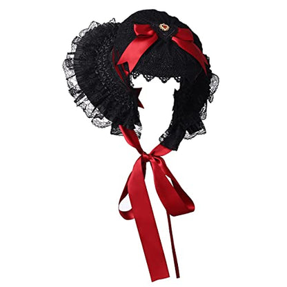 COSDREAMER Girls Women Victorian Bonnets Lace Flowers Tea Party Hats - color: Black Red