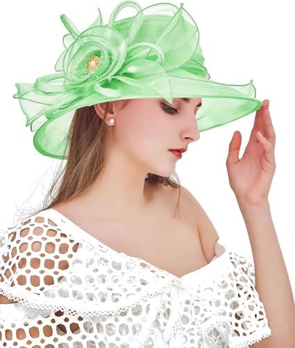 Women Derby Fascinator Hat Organza Church Wedding Hats Wide Brim Cocktail Tea Party Hat - color: 08 Mint Green