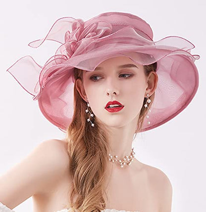 Women Derby Fascinator Hat Organza Church Wedding Hats Wide Brim Cocktail Tea Party Hat - color: 07 Pink