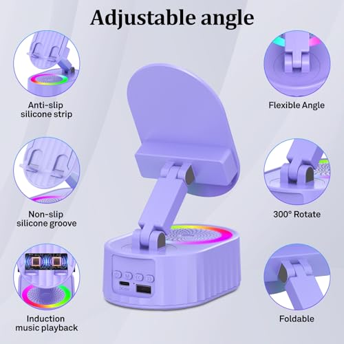 AKLLCCR Wireless Induction Bluetooth Speaker 5in1 Phone Holder Speaker | 3000mAh Rechargeable Phone Speaker Amplifier,Ambient Light,Portable Stand for iPhone,Android,Ideal Gift for Men/Women - color: Purple