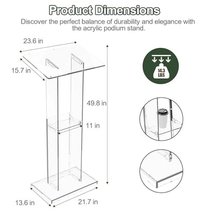 Dethan Acrylic Clear Lecterns Podium Stand, 50 Inch - Pulpits for Classrooms, Weddings, Churches, Conference, Speeches, Professional Presentation Podiums with Storage Shelf (Transparent) - size: 50 Inch