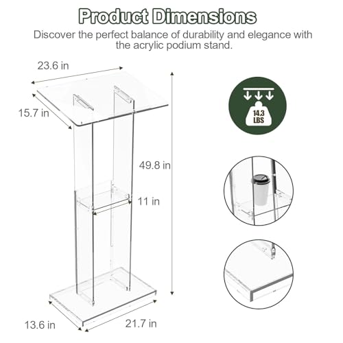 Dethan Acrylic Clear Lecterns Podium Stand, 50 Inch - Pulpits for Classrooms, Weddings, Churches, Conference, Speeches, Professional Presentation Podiums with Storage Shelf (Transparent) - size: 50 Inch