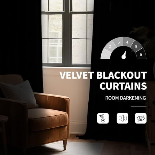 CUCRAF Black Velvet Blackout Curtains 63 inches Long, Thermal Insulated, Noise Reducing Rod Pocket Luxury Drapes for Bedroom Living Room(52x63 inches, 2 Panels) - color: Black, size: 52"W x 63"L (Pack of 2)