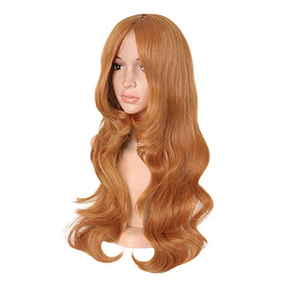 MapofBeauty 24 Inch Long Wavy Side Bangs Party Anime Cosplay Wig, Orange | 60 cm Synthetic Fiber Wig, Women, Charming - color: Golden Orange