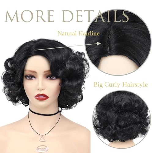 1930s Short Black Curly Flapper Wigs for Women Costume (with Red Bowknot) | Anime Cosplay Natural Hair Synthetic Hair Halloween Betty Costume Dress Up Drag Queen Flapper Wig (with Red Bowknot) - color: Black