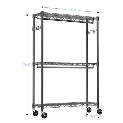 IZEUK Heavy Duty Rolling Garment Rack Wire Clothes Rack for Hanging Clothes (Black, 3 Tier with 2 Rod, 15.7" D x 45.3" W x 79.6" H) - color: Black, size: 3 Tier with 2 Rods, 15.7"D x 45.3"W x 79.6"H