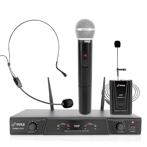Pyle Dual Channel Wireless Microphone System - Portable VHF Audio Mic Set with Clip Lavalier lapel, Handheld, Headset, Transmitter, ¼’’ cable, power adapter - For Karaoke, PA DJ - Pyle Pro PDWM2115