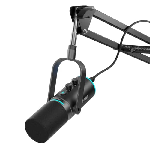 XLR/USB Dynamic Podcast Microphone for Streaming/Recording/Gaming | Mute Button, Reverb Effects, Noise Cancellation, RGB Light Boom Arm Stand, Headphones Jack,SNR>85dB - size: With Boom Arm