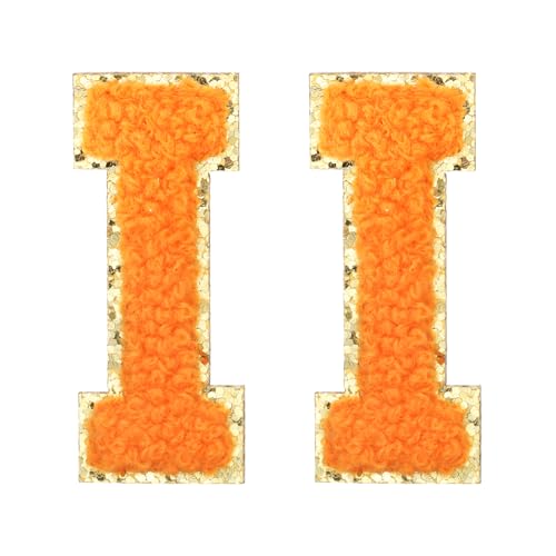 MECCANIXITY Chenille Letter Patches 2.2" Self Adhesive Alphabet I Stick on Embroidered Patch Sew on Letter Stickers Applique for Repairing Clothing Jeans Shoes Hats DIY(Orange, Pack of 2) - style: Letter-I