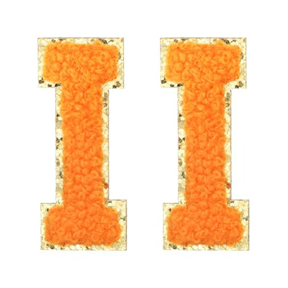 MECCANIXITY Chenille Letter Patches 2.2" Self Adhesive Alphabet I Stick on Embroidered Patch Sew on Letter Stickers Applique for Repairing Clothing Jeans Shoes Hats DIY(Orange, Pack of 2) - style: Letter-I
