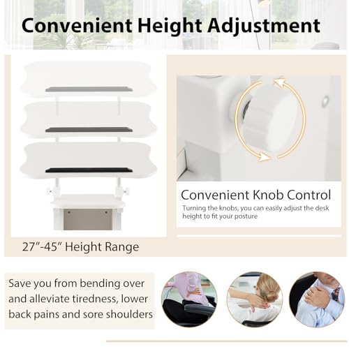 Moccha Lectern Podium Stand, Height Adjustable Sit to Stand Desk w/ 180° Tilting Tabletop, Storage Cabinet, Lockable Casters, Rolling Lectern Cart Laptop Desk for Home, Office, School (White) - color: White