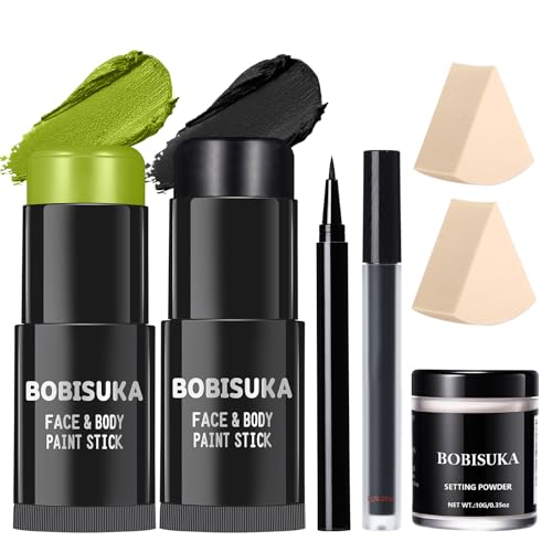 BOBISUKA Light Green & Black Face Body Paint Stick Kit with Black Lipstick & Eyeliner Pen, Setting Powder & 2 Sponges – Halloween Makeup Set for Beetle Juice, Demon, Monsters, Witches & Gothic Looks - color: Light Green & Black Painting Stick Set