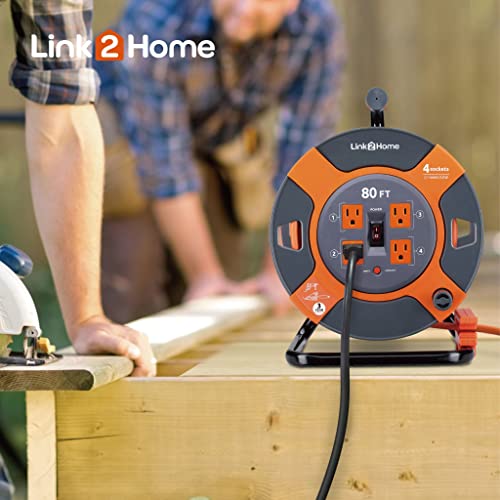 Link2Home 80 Ft. Extension Cord Reel, 4 Power Outlets, 14 AWG SJTW | Heavy-duty cable, high-visibility jacket, ideal for job sites and garages - size: 80 feet