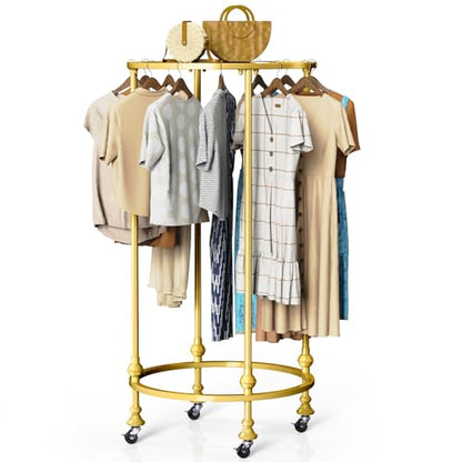 Rolling Round Garment Rack, Gold Clothing Rack with Wheels and Topper | Freestanding Double Space Retail Clothing Rack, Heavy Duty Commercial Boutique Display Rack for Retail Bedroom (Gold) - color: Gold