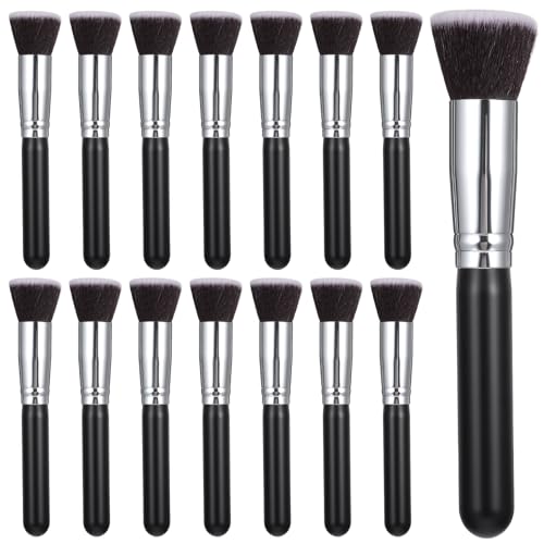 15 Pcs Makeup Brushes, Synthetic Flat Top Foundation Brush Set For Liquid, Cream, Powder, Blending, Buffing, Blush, Concealer, Black Cosmetics Brush Kit