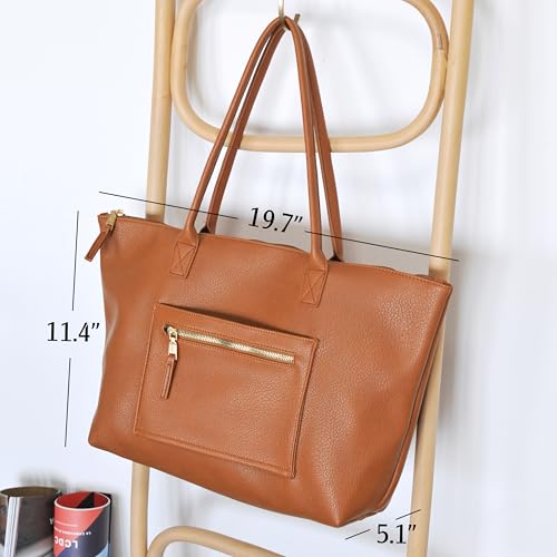 HOXIS Tote Bag for Women with Zipper Vegan Leather Handbag with Trolley Sleeve Travel Weekender Carryall Bag - color: Orange-brown