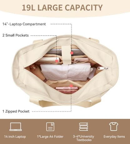 WLLWOO Large Tote Bag, 14” Laptop Work Travel Bag with Trolley Sleeve | Multi Pocket Water Splash Zipper Shoulder Handbag for Women Daily Nurse Gym Commute - color: Beige