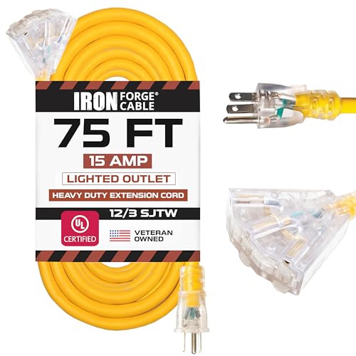 IRON FORGE CABLE 75 Foot Lighted Outdoor Extension Cord with 3 Electrical Power Outlets - 12/3 SJTW Heavy Duty Yellow Extension Cable with 3 Prong Grounded Plug for Safety, 15 AMP - size: 75 ft