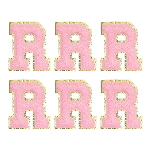 MECCANIXITY Chenille Letter Patches 2.2" Self Adhesive Alphabet R Stick on Embroidered Patch Sew on Letter Stickers Applique for Repairing Clothing Jeans Shoes Hats DIY(Pink, Pack of 6) - style: Letter-R