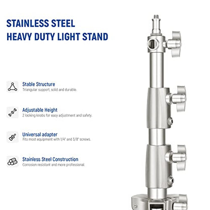 NEEWER 9.2ft/2.8m Stainless Steel Light Stand, Spring Cushioned Heavy Duty Photography Tripod Stand with 1/4” to 3/8” Universal Screw Adapter for Strobe,LED Video Light,Ring Light,Monolight, Softbox - style: ST-280SS