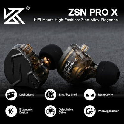 Linsoul KZ ZSN PRO X 1BA+1DD Hybrid Driver IEM HiFi Wired Earbuds | Metal HiFi in-Ear Monitor with Detachable Recessed 2Pin Cable, Zinc Alloy Panel, with Mic, Grey - color: Grey, style: With Mic