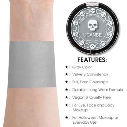 UCANBE Grey Face Body Paint Makeup Foundation, Professional Gothic Gray Cream Greasepaint, Non-Toxic Goth Facepaint for Halloween Parties, Skeleton Grayscale Raven Zombie SFX Makeup & Costume Cosplay - color: Gray